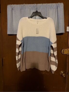 Maurices Cream, Blue, and Taupe Striped Crewneck Sweater